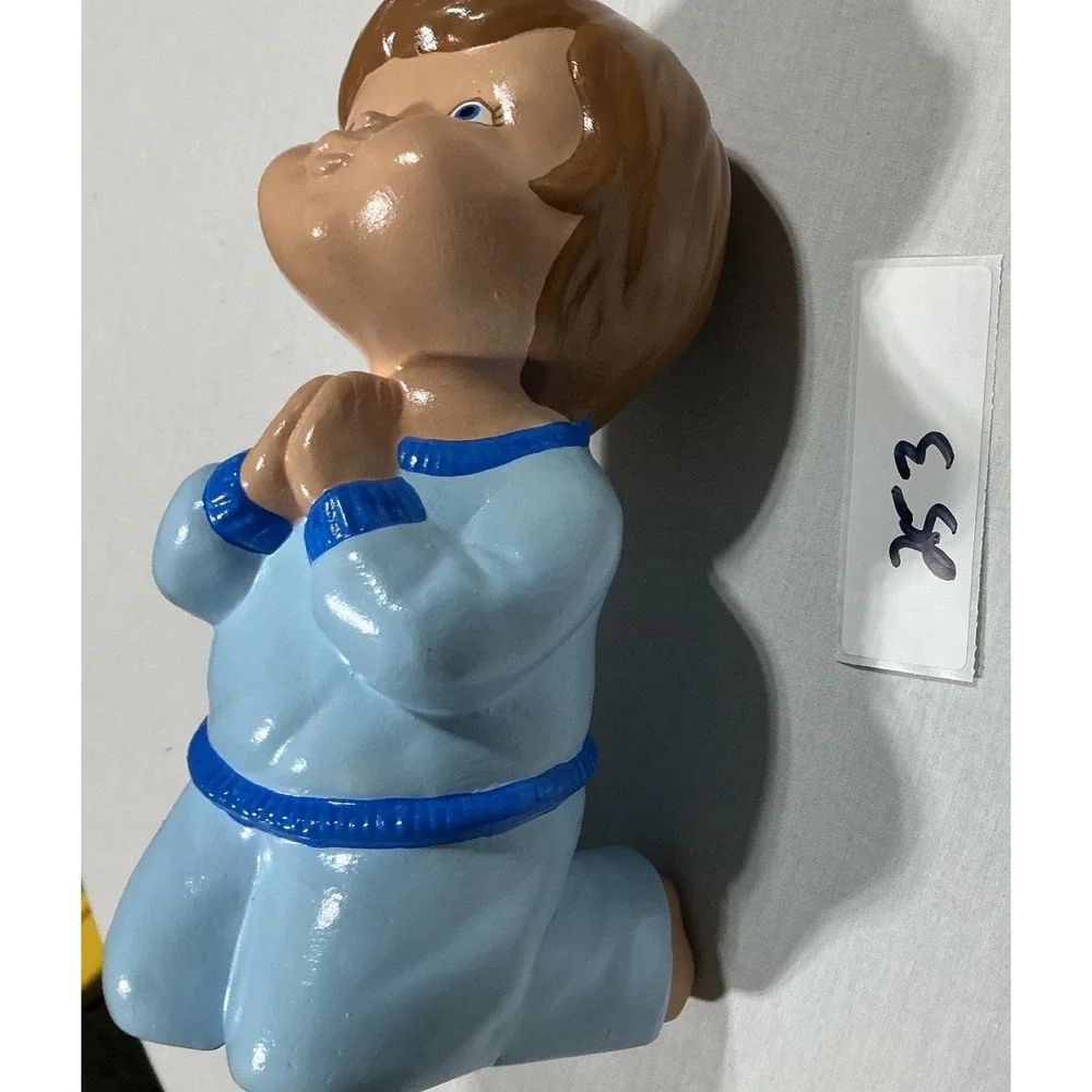 Vintage Praying Boy Figurine Blue Pajamas Kneeling Ceramic Chalkware Japan